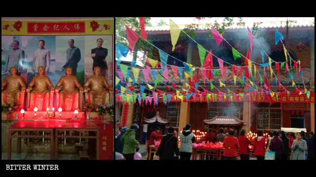 광시성 베이류(北流)시 퉁성묘(通聖廟)에 모셔진 ‘공산당의 위대한 인물’을 참배하는 사람들