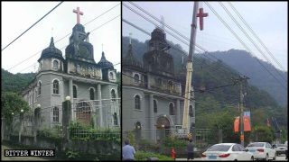 어느 촌에 있던 개신교 교회 두 곳에서 십자가가 철거되다