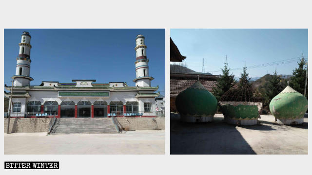 닝샤후이족 자치구 징위안(涇源)현 상옌(上胭) 촌에 있는 모스크 꼭대기의 이슬람 상징물이 제거되었다