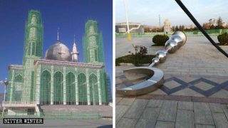 모스크 앞면에 있는 두 개의 첨탑 꼭대기에서 초승달이 제거되었다