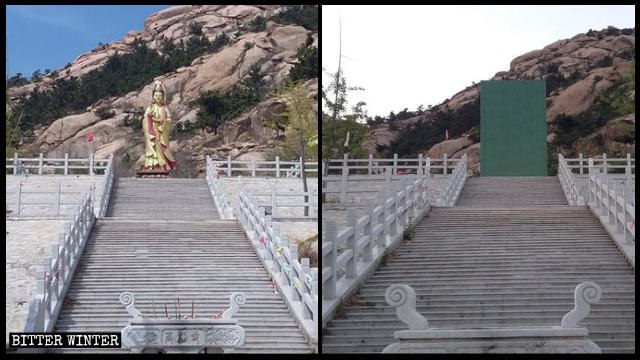 핑두시 고복사(高福寺)가 폐쇄된 후 사찰의 보살상이 가려진 모습