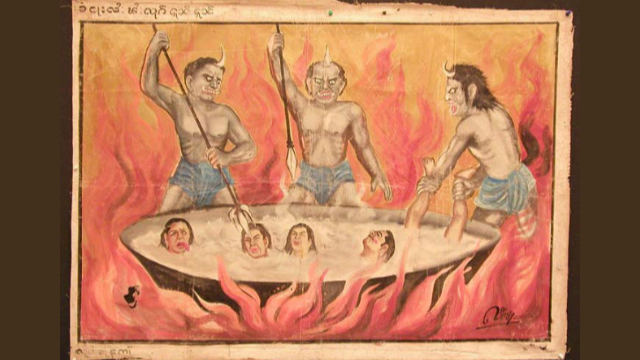 생전 수치스러운 일을 한 사람들을 괴롭히는 지옥의 악마들을 그린 불교의 그림