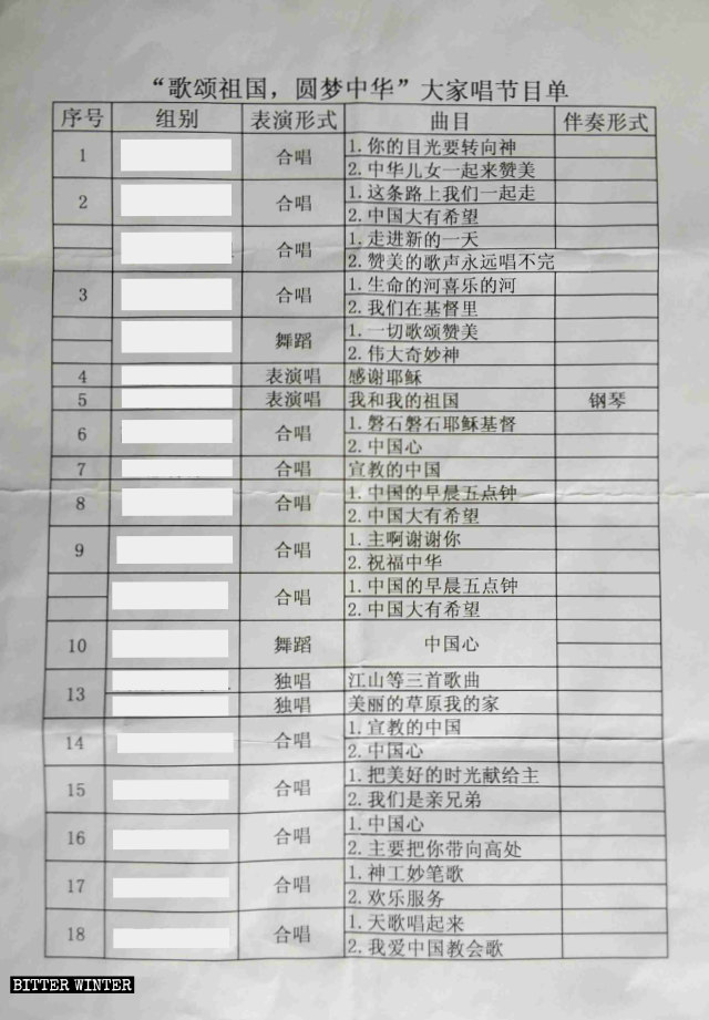 랴오닝(遼寧)성에 위치한 한 교회에서 ”조국을 노래하고 중국몽을 실현하자”라는 주제공연에 사용할 곡의 리스트