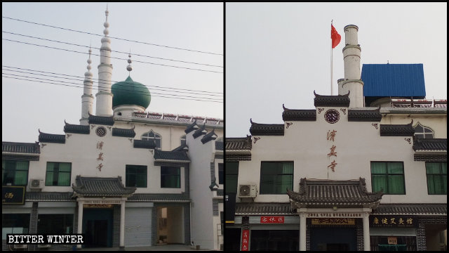 허난성 자오쭤(焦作)시 박애(博愛)현의 어느 모스크 지붕에 있던 이슬람 상징물들이 국기로 대체된 모습