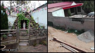 린장(臨漳)현의 어느 성당 뜰에 있던 성모 마리아상이 현지 관리들의 명령에 의해 파괴된 모습