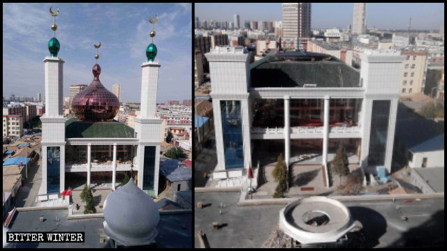 지붕에서 이슬람 상징물들이 사라지기 전후의 북부 모스크 모습