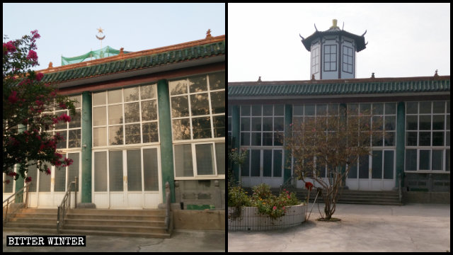 여성 전용 모스크 지붕에 있던 돔이 중국식 팔각정으로 대체된 모습