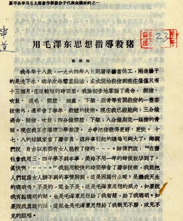1966년 10월 1일, '마오쩌둥 사상의 지도를 받은 돼지 도살'이라는 제목의 기사가 실린 인민일보