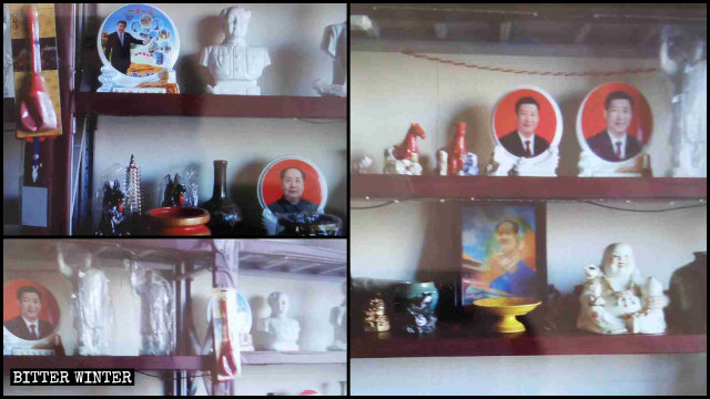 예전에 불교용품점이었던 가게에 전시되어 있는 마오쩌둥과 시진핑의 상과 초상화