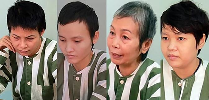 베트남 '콘크리트 시체' 사건 재판의 피고 4인: 왼쪽부터 훼엔(Huyên), 토우(Thảo), 하(Hà)의 어머니 화(Hoa), 그리고 하(Hà)
